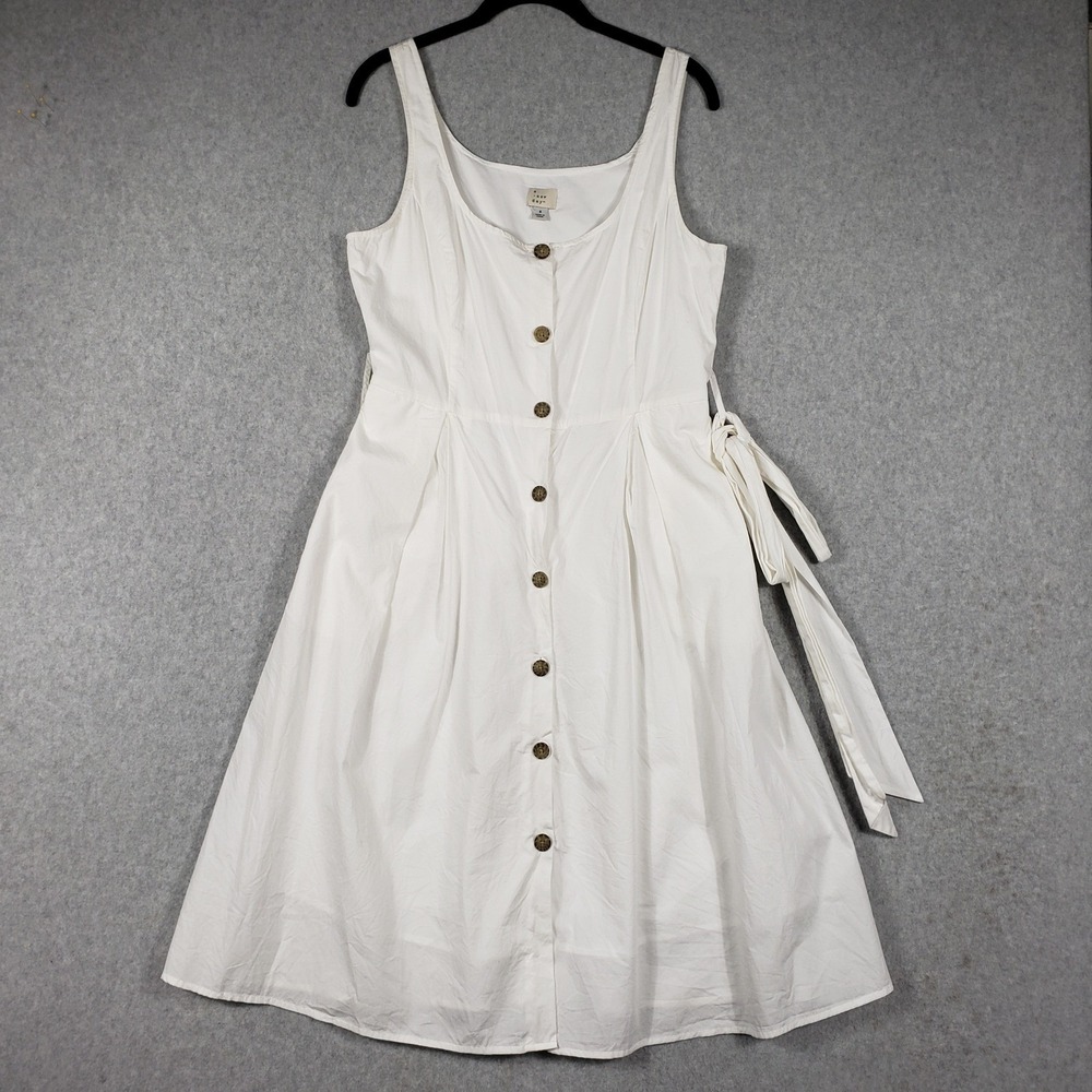 A New Day Women's White Square Neck Button Front Midi Dress w/ Belt SZ 8 Pockets - Picture 2 of 10